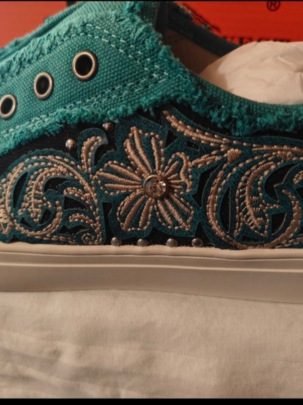 Montana West Teal Embroidered Floral Slip-On Sneakers - Women's Casual Shoe 8